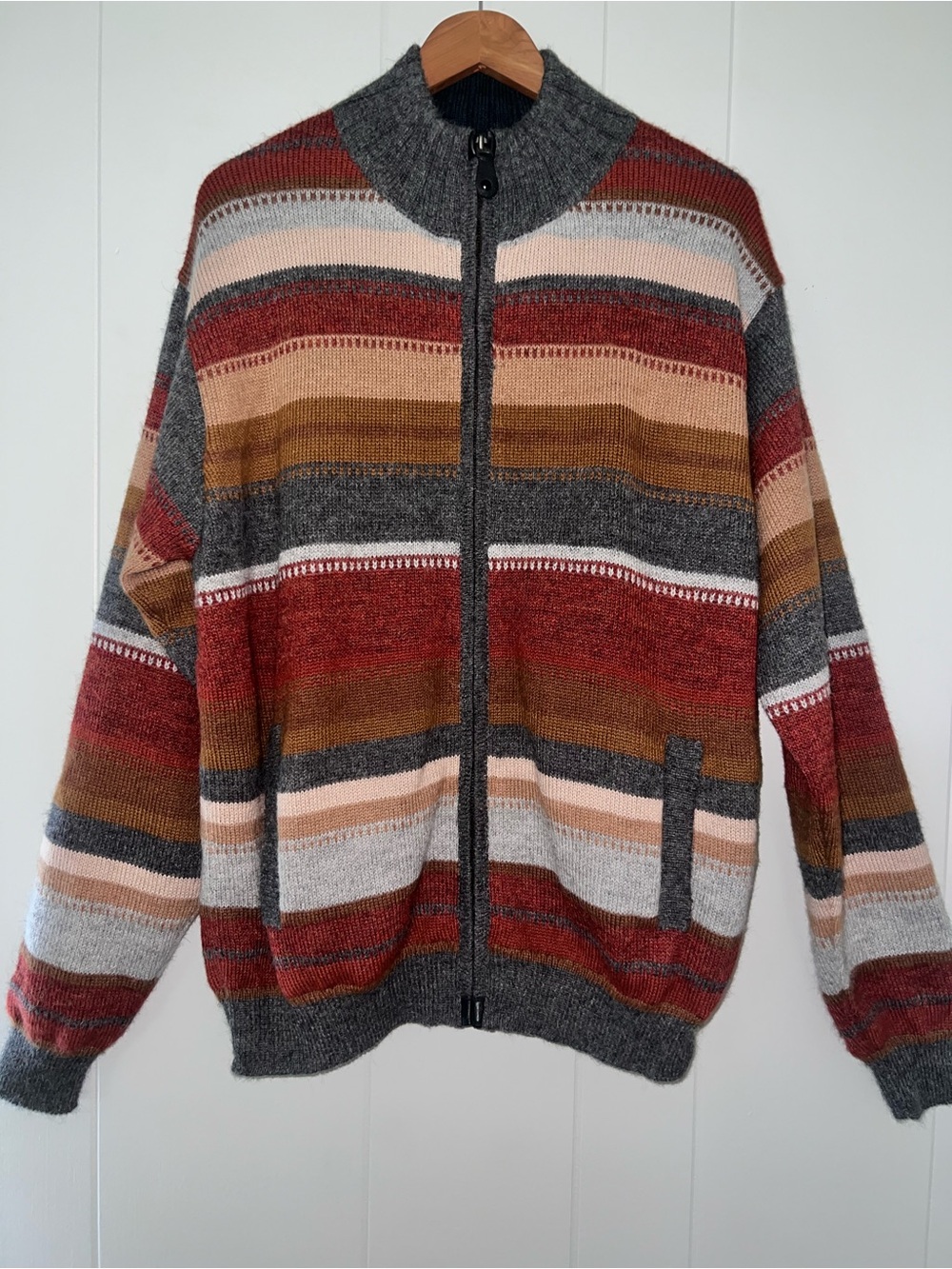 Vintage Waliki Alpaca Wool Zip Up Knit Cardigan Sweater Cabincore Granpa Size L
